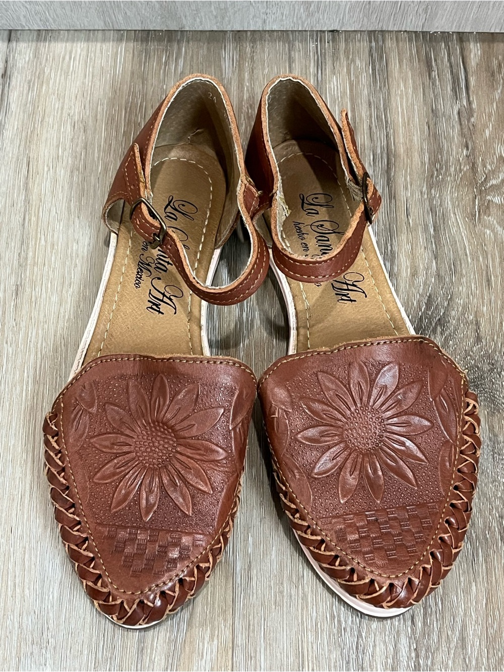 La Santa Art Sunflower Leather Huarache Sandals Handmade Mexico Size 7